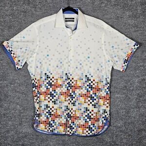 Hammer Made Mens XL White Italian Fabric Pixel Mosaic Short Sleeve Button Shirt